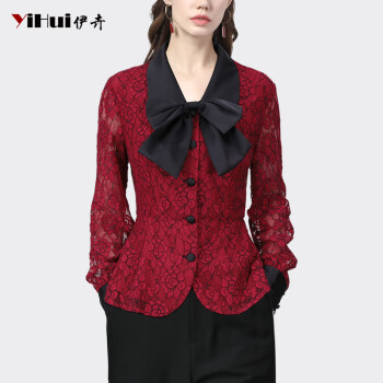 伊卉（YIHUI）2024春装新款法式蝴蝶结方领蕾丝衫女设计感洋气红色衬衫上衣气质 红色 3XL