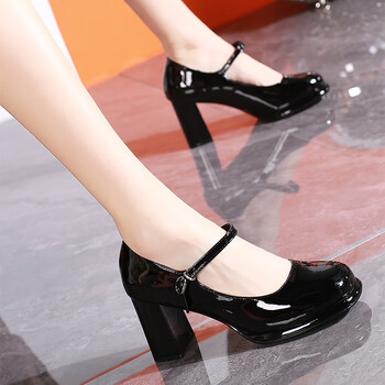 exkd法式玛丽珍高跟鞋女时尚圆头粗跟气质漆皮一字带单鞋2023春季新款