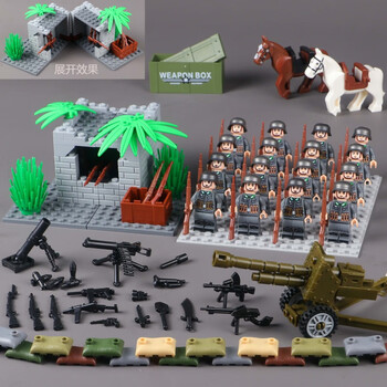 战壕阵地美军德军士兵人仔积木儿童男孩拼插玩具 碉堡-德军16人方阵