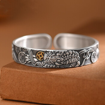 钦伊珠宝古法银貔貅手镯男女百搭民族风招财进宝铜钱貔貅银镯子护身