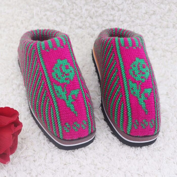 毛线编织保暖防滑保暖秋冬季男女老年成品平跟居家佐欧雅玫红玫瑰花