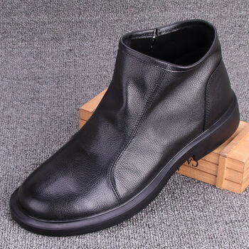 木林森真皮男鞋秋冬牛皮透气男侧拉链切尔西短靴软皮软底高帮百搭休闲