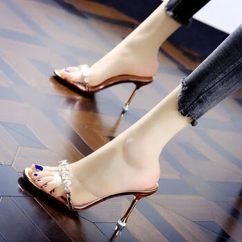 冉同夏天高跟凉鞋小个子女细跟透气显高涼鞋水钻透明半拖外穿时装凉拖