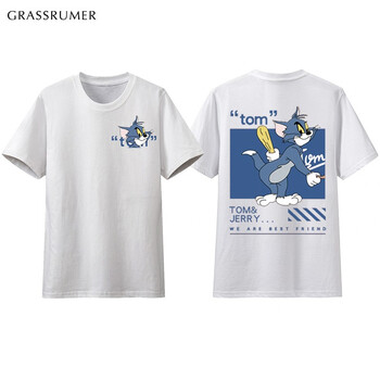 猫和老鼠联名短袖t恤男宽松纯棉体恤胖子大码汤姆杰瑞情侣装半袖1白