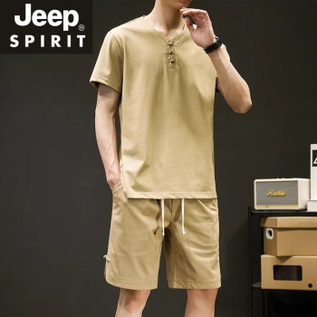 吉普（JEEP）棉质T恤男短袖夏季2024新款休闲套装男装薄款V领上衣一套 卡其色 一套 M 90-115斤