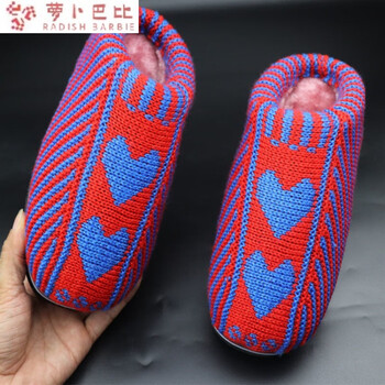 拖鞋毛线鞋手工编织成品毛线防滑加绒加厚保暖针织男女色鞋蓝爱心4647
