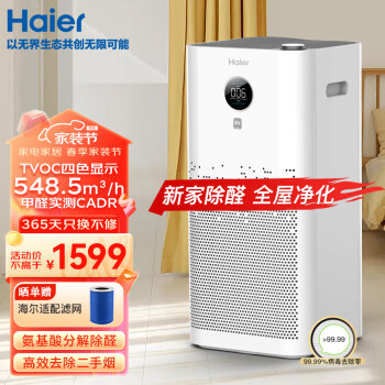 海尔（Haier）空气净化器家用办公室除甲醛雾霾颗粒物除二手烟味 紫外线杀菌 智慧启停 氨基酸黑科技 TVOC四色显示 KJ650F-H600AU1