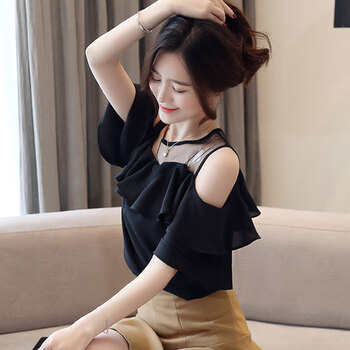 夏天短袖女生韩版宽松学生露肩夏季女装很仙的一字领雪纺上衣两穿打底