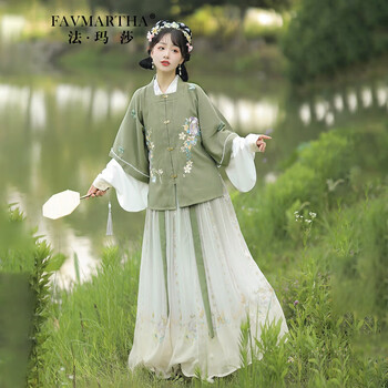 汉服女【花弄影】明制方领绣花半袖印花百迭裙日常款 绿色方ling 里衣