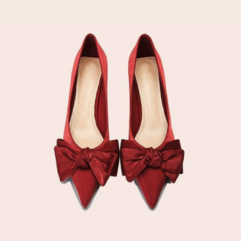 婚鞋女平底尖头平底鞋女单鞋浅口蝴蝶结绸缎秀禾服婚鞋女结婚新娘 酒