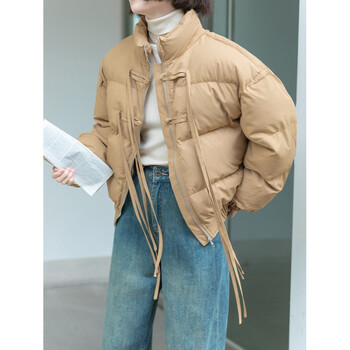 短款羽绒服女2021年新款冬季立领中式扣飘带外套设计感小众浅卡其色s