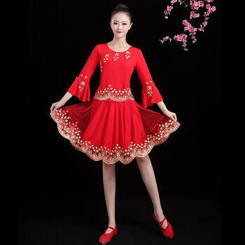 2021春季新款广场舞服装女团体舞蹈比赛演出服套装大红喇叭袖套装7xl