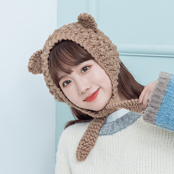 软萌毛线帽女韩版潮秋女冬天保暖厚耳罩护耳包帽子耳朵卡其均码5558cm