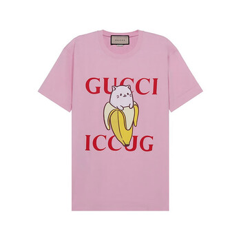 gucci古驰 女士粉色bananya印花棉质超大造型圆领短袖t恤 615044 xj