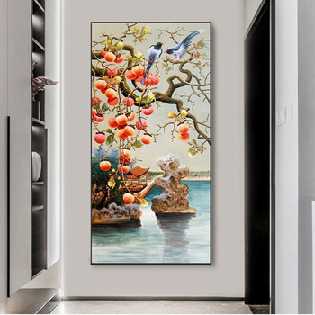 拓柳【轻奢高端】玄关手绘油画柿子中式静物挂画现代高档入户走廊装饰