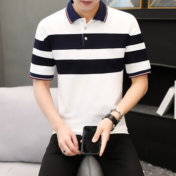 新款日系复古polo重磅撞色翻领衫男潮牌休闲宽松短袖男士t恤白色2xl