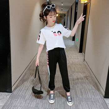 柏诺唯童装女童套装夏装2022年儿童套装中大童时尚短袖t恤运动裤小