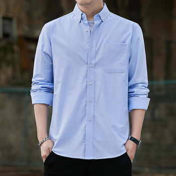 男实拍牛津纺长袖衬衫男春秋季纯棉休闲白衬衣修身打底上衣潮天蓝色m