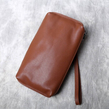 佩恒熙手拿包男士软皮长款拉链钱包休闲复古手机钱包潮棕色大号