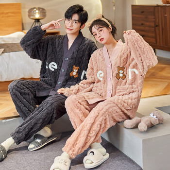 夏莉莎 情侣睡衣冬季套装加绒加厚保暖珊瑚绒睡衣青年学生居家服可外