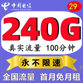 中国电信电信纯流量卡5G上网卡全国通用4g不定向软件无限速大流量卡无线手机卡电话卡 【29大梦卡】240G全国流量+100分钟+免首月