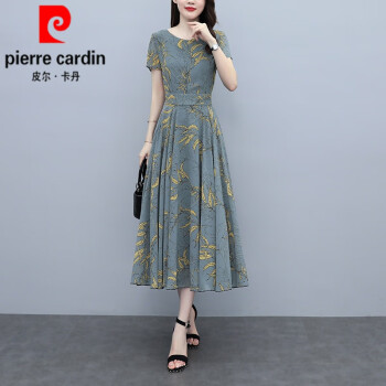 皮尔卡丹（pierre cardin）短袖圆领碎花雪纺长裙收腰显瘦连衣裙中年MM洋气高贵加码女夏季针 灰绿色 M 适合85-99斤