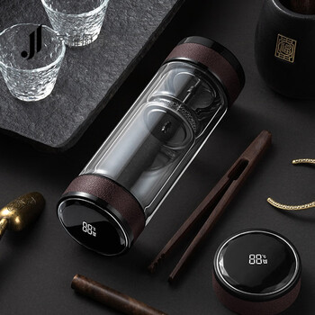 泡茶杯双层玻璃杯男女士便携隔热家用水杯送老师礼咖啡色温显款礼盒装