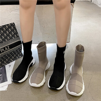 弹力袜鞋女高帮袜子靴春秋老爹鞋中筒厚底针织靴运动飞织短靴无鞋带