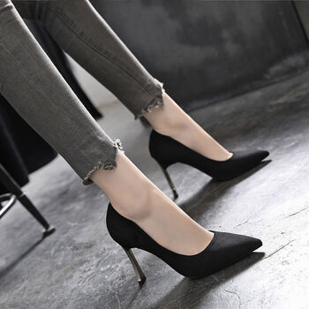 香港品牌诗迪仕 黑色高跟鞋女职业胖脚宽脚女鞋大码一加宽加肥大脚骨