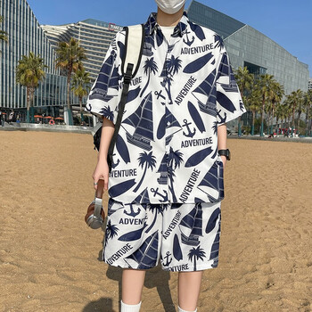 uxst三亚旅游衣服男海南岛服沙滩套装短袖衬衫夏季海滩度假花衬衣装冰