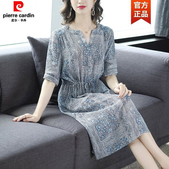 皮尔卡丹高档品牌女装连衣裙2022年新款夏装中年50真丝含桑蚕丝30一40