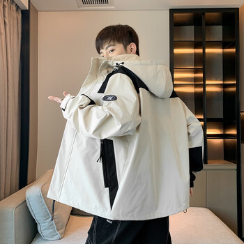 梦鸥亭青少年初高中学生冲锋衣男加厚夹克外套士春秋季新款流连帽卡其