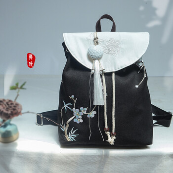 风古风汉服文艺复古民族风刺绣帆布双肩包少女书包复古黑梅竹刺绣白盖