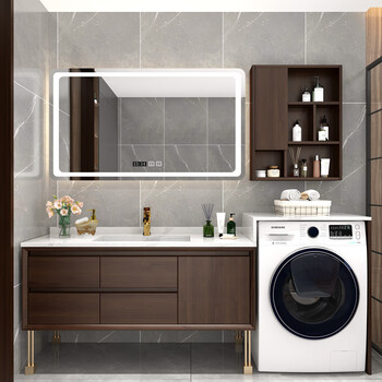 凸凸卫浴 北欧洗衣机柜定制岩板无缝陶瓷一体洗手池橡木洗脸盆浴室柜