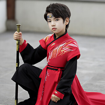 汉服2023新款春秋古装儿童唐装小男孩古风帅气中国风男童 墨然红色送