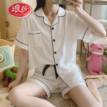 浪莎睡衣女夏季开衫纯棉短袖桃心2022年新款网红春秋天家居服套装wt24
