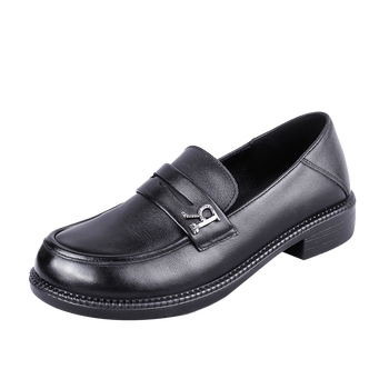 双凤2022春新款浅口圆头牛皮日系方跟宽头乐福女鞋软底72a-2026 黑色