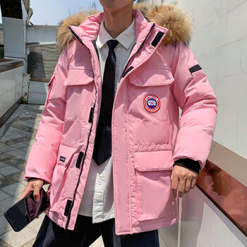 加拿大风格大鹅加拿绒服男女中长款工装派服情侣白鸭绒外套 粉色 175