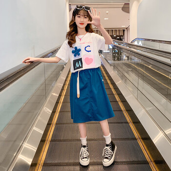 新款10岁女孩衣服中大童短袖花朵裙子两件套蓝色120cm建议体重3545斤