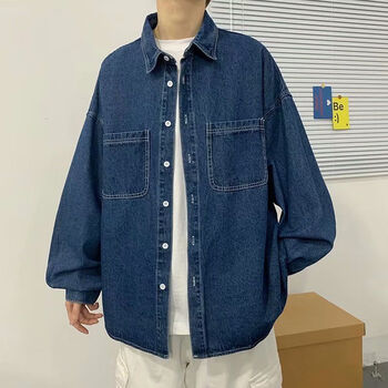 彤瑛燕尾服牛仔衬衫男长袖韩版潮流港风日系春夏休闲宽松大码工装衬衣