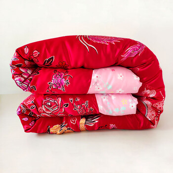 杭州丝绸结婚喜被带被芯红被子手工棉花被老式包边绸缎传统龙凤乡村