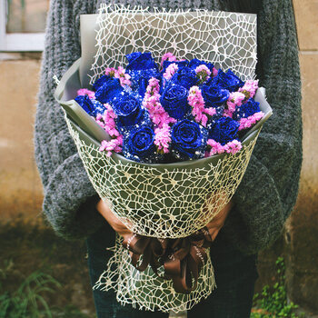 蓝色妖姬玫瑰干花花束同城杭州深圳生日配送店 19朵蓝色妖姬勿忘我