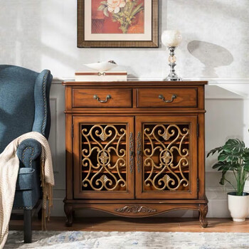 美式欧式乡村田园复古入户镂空雕花鞋柜客厅过道进门储物柜 深棕色2门