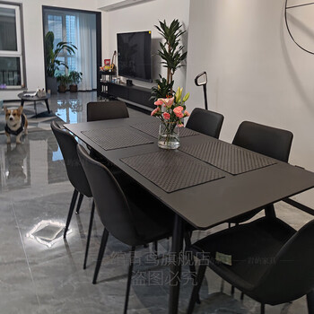 现代简约大小户型家用饭桌黑椅68人极简家用沙发黑色18米08米岩板餐桌