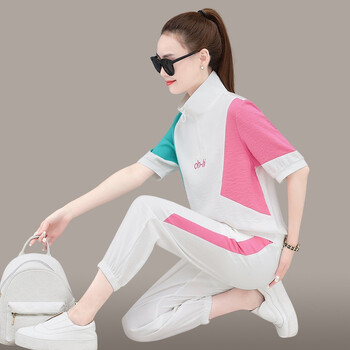 纤飞露高端卫衣女夏装新款棉质半开立领中袖九分裤两件套休闲运动服