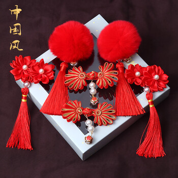 中国风儿童发夹唐装头饰女童头饰红色毛球流苏过年新年圣诞节礼物6