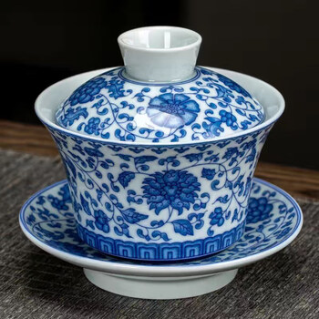 景德镇三才盖碗大号陶瓷不烫手茶杯单个青花瓷精品高端茶具套装 大号