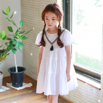 小女孩儿童纯棉短袖连衣裙女童夏装拼接白裙海边沙滩棉麻裙子 白色