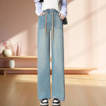 匠璃牛仔裤学生女初中阔腿窄设计感高中生夏季新款松紧腰窄版直筒宽松