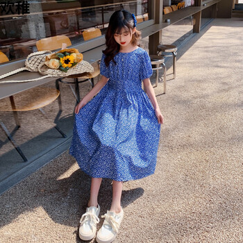 儿童装洋气裙子夏季中大童女孩公主裙夏天蓝色大童连衣裙夏季130cm